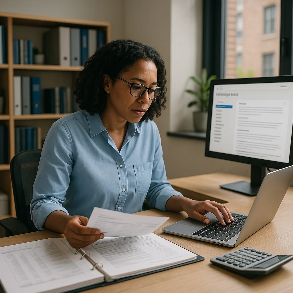 A woman wearing glasses and a light blue shirt sits at a wooden desk, holding printed documents in one hand while typing on a laptop, with a desktop monitor displaying a 'Knowledge Base' webpage, a calculator, an open binder, and office shelving with blue binders visible in the background.