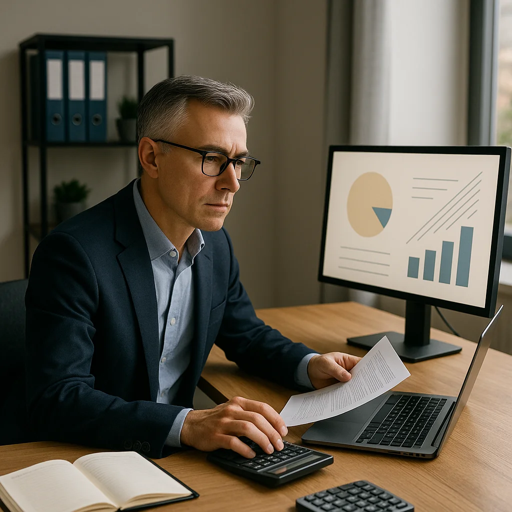 A middle-aged man with gray-streaked hair and glasses sits at a wooden desk in a professional office, holding a printed document in one hand while using a mouse with the other, with a laptop open in front of him and a desktop monitor displaying pie and bar charts behind him, alongside blue binders on a shelf in the background.