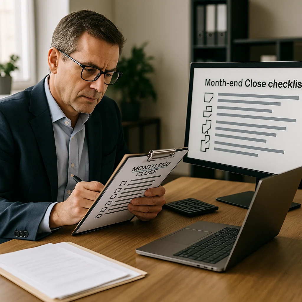 A middle-aged man with short gray-streaked hair and black-rimmed glasses, wearing a navy blazer and light blue shirt, sits at a wooden desk holding a clipboard labeled 'Month End Close' with checkboxes, a pen in hand, with a laptop open on the desk and a large monitor behind him displaying a 'Month-end Close Checklist' with checkbox items, and binders on shelving visible in the background.
