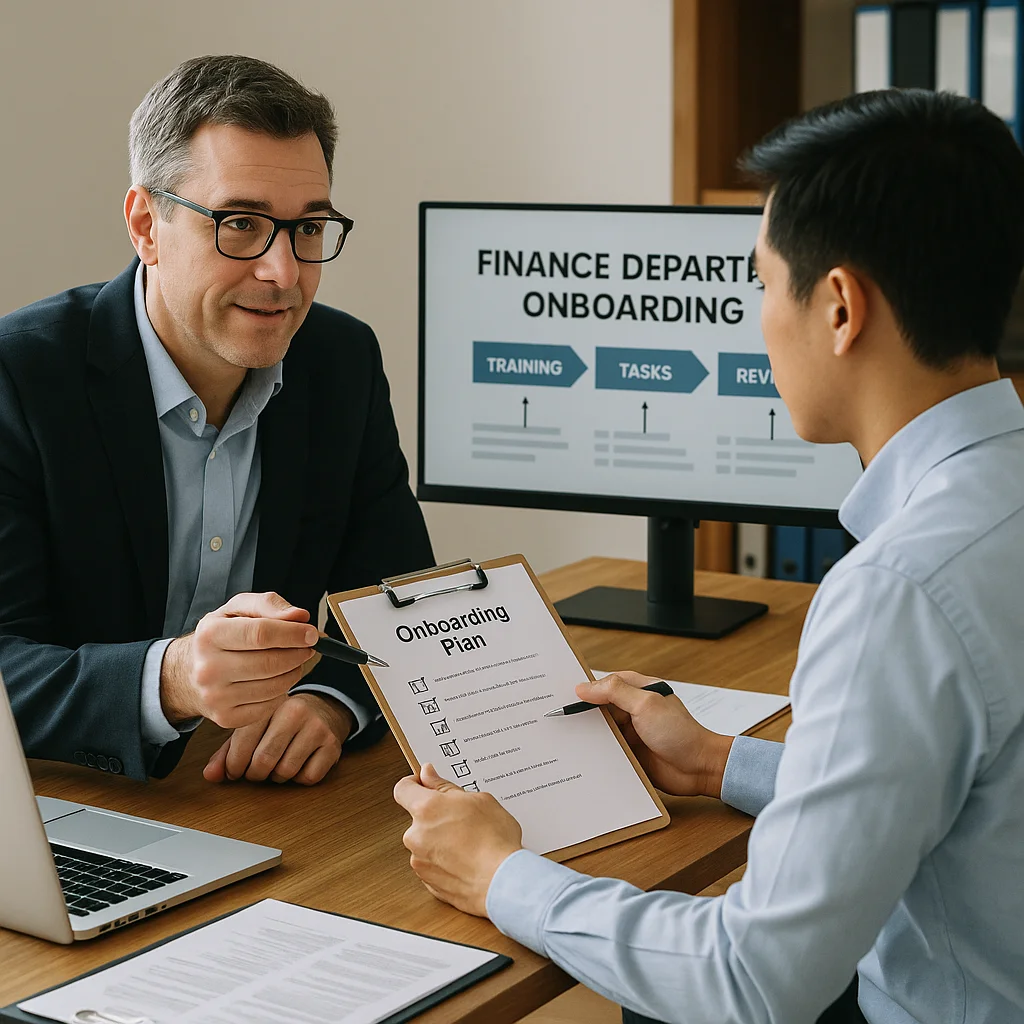 A middle-aged man with gray-streaked hair and black-rimmed glasses wearing a navy blazer sits across a wooden desk from a younger man in a light blue shirt, who holds a clipboard labeled 'Onboarding Plan' with checkboxes, while a desktop monitor behind them displays a 'Finance Department Onboarding' slide with Training, Tasks, and Review arrows, and a laptop sits open on the desk.
