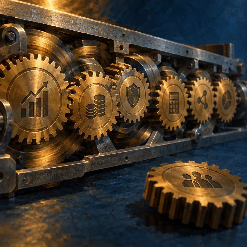 A row of large brass gears mounted in a steel industrial frame, each gear face engraved with a different finance-related icon including a bar chart with upward arrow, a stack of coins, a shield, a calculator, a share/network symbol, and a pie chart, with a smaller detached gear bearing a people/team icon resting on the dark blue surface below the frame.