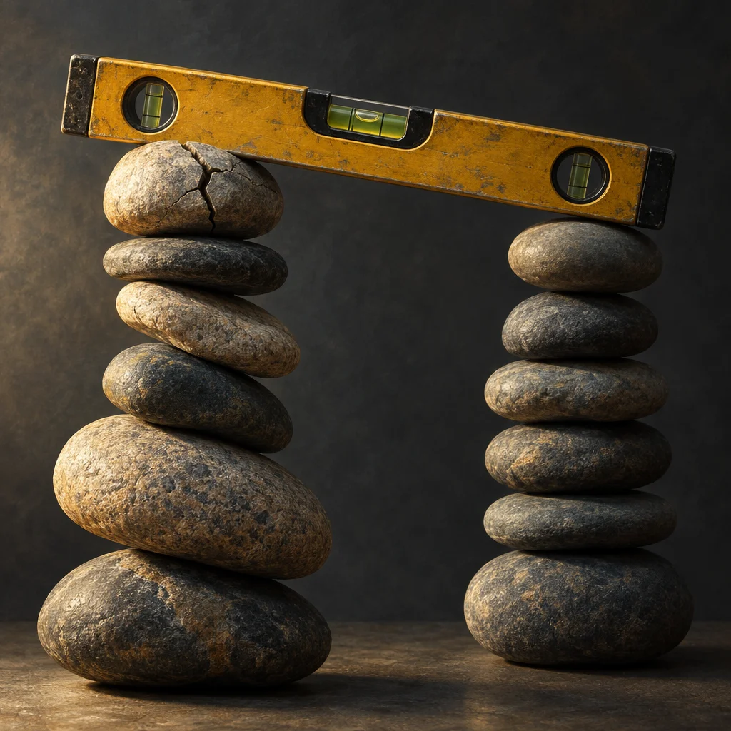 Two stacks of smooth river stones of unequal height support the ends of a weathered yellow spirit level whose bubble sits noticeably off-center, set against a dark textured background.