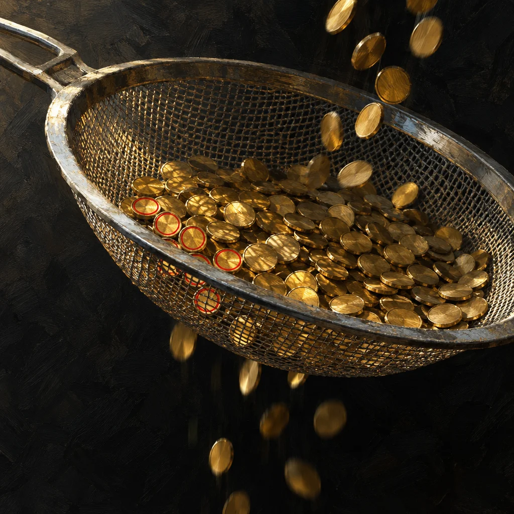 An aged metal mesh sieve held at an angle holds a pile of gold coins while additional coins fall into it from above and a smaller stream of coins falls through the mesh holes below, all set against a dark textured background.