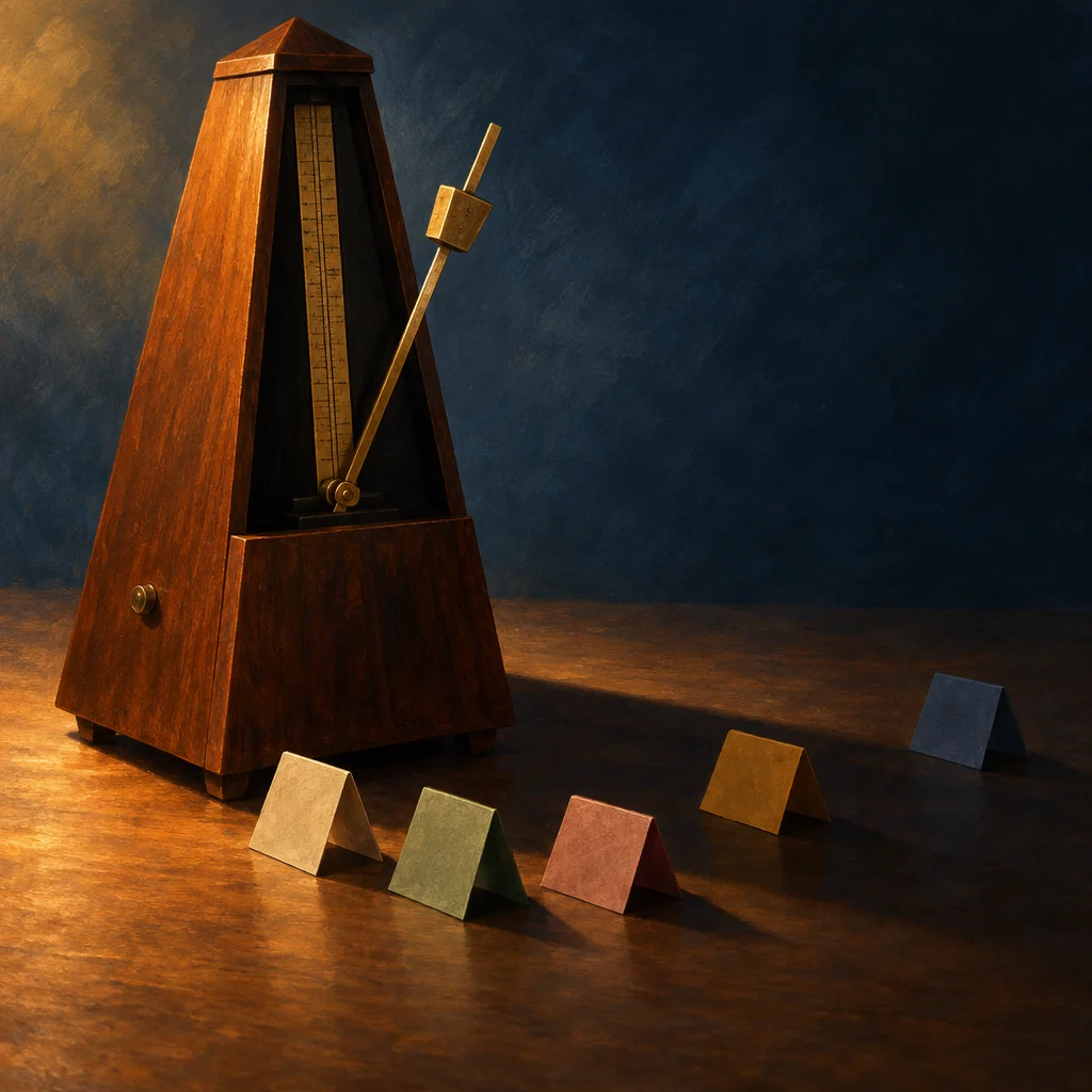 A tall wooden pyramid-shaped metronome with a brass pendulum arm tilted to the right sits on a warm wooden surface, with five small triangular tent-card shapes in cream, green, red, gold, and navy arranged in a loose arc in front of it against a dark blue-gray background.