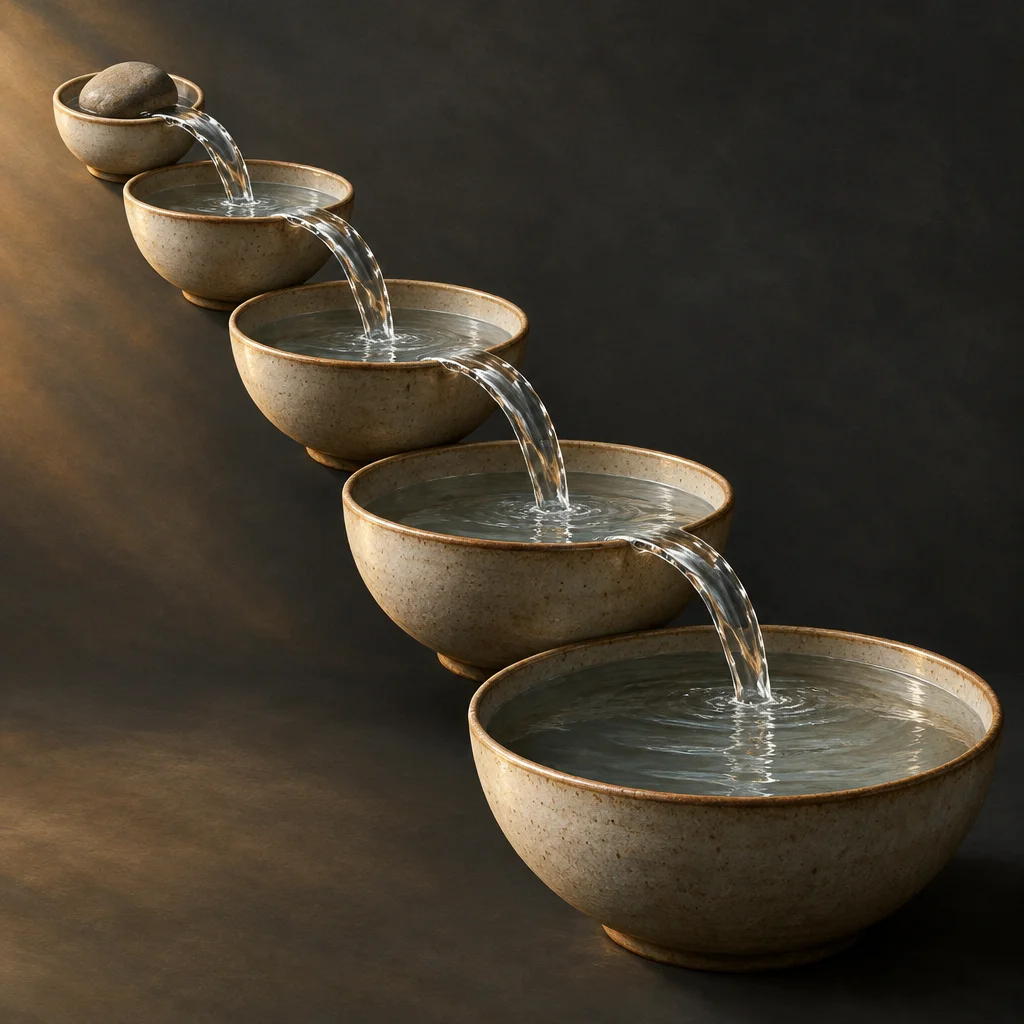 Six stoneware ceramic bowls arranged in a diagonal descending staircase formation, each progressively larger than the one above it, with clear water cascading from bowl to bowl via arcing streams, the topmost small bowl holding a smooth river stone, all set against a warm dark brown background with raking light from the left.