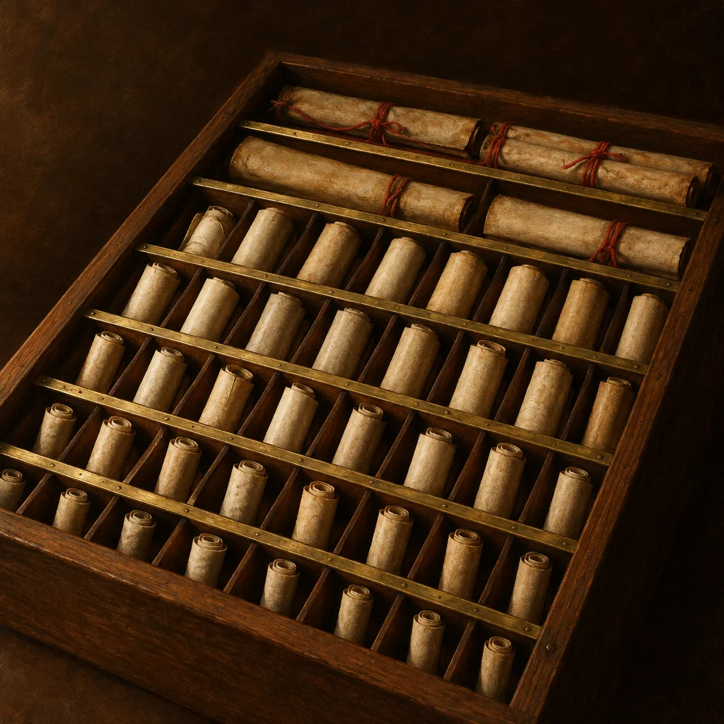 A dark wood tray with brass divider rails organizes rows of small rolled parchment scrolls in individual compartments, while three larger scrolls tied with red cord occupy wider slots along the top row, all set against a dark brown background.