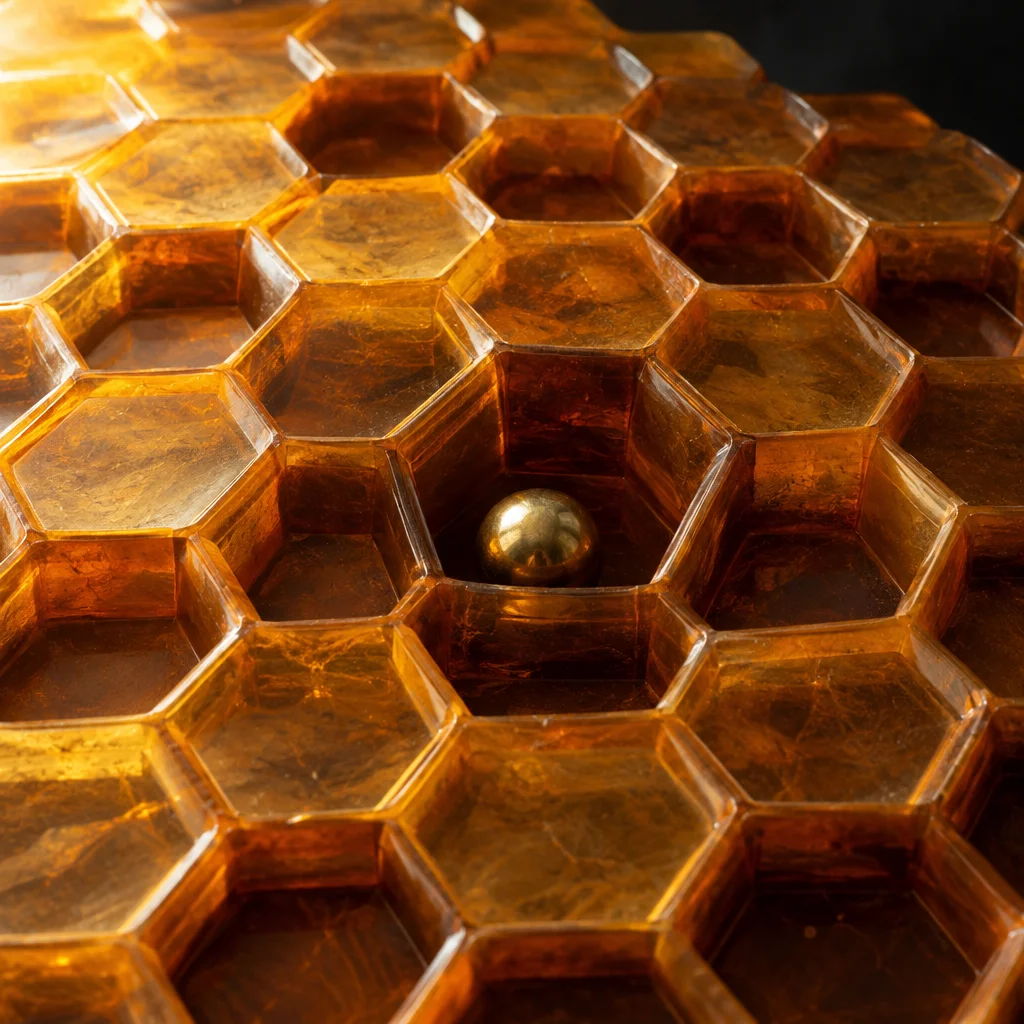 A close-up of an amber-toned translucent honeycomb structure made of hexagonal cells arranged in a grid, with a single small gold metallic ball resting inside one central cell, set against a dark background.