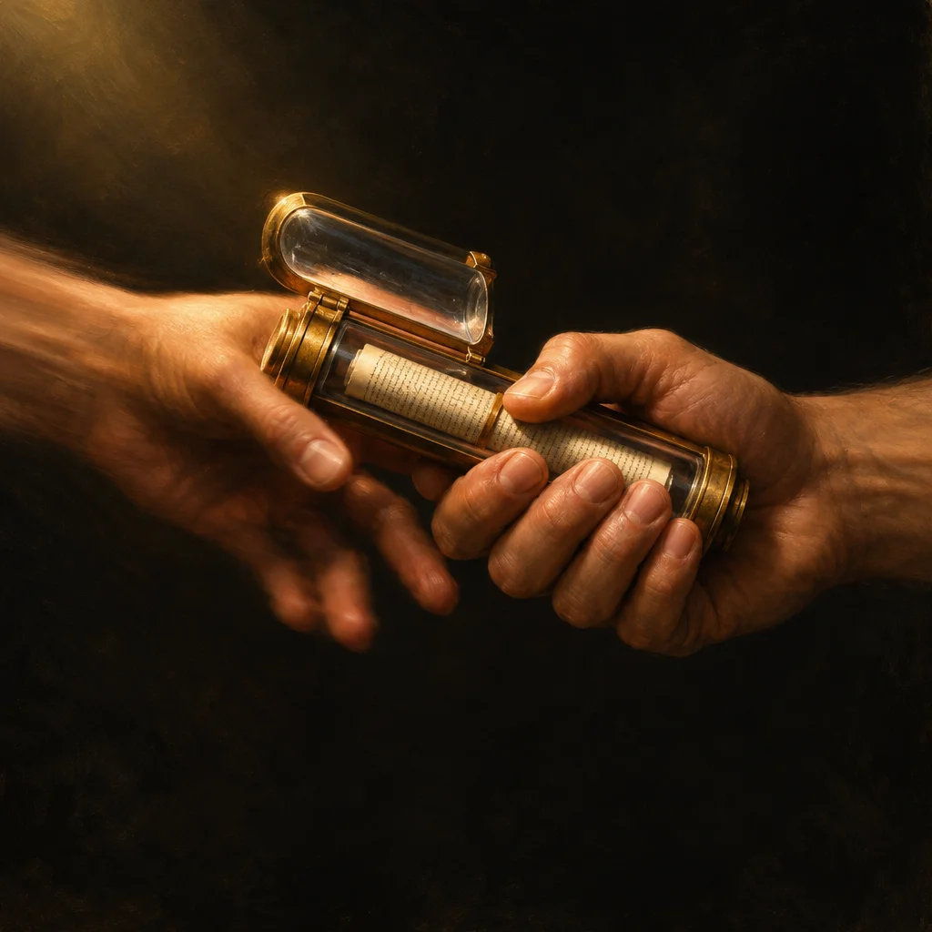Two hands meet in a dark, warmly lit scene as one passes to the other an open brass and glass cylindrical case containing a tightly rolled scroll covered in handwritten text, with golden light emanating from the upper left.