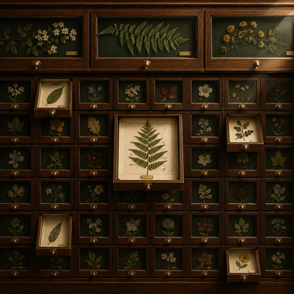 A large dark walnut cabinet wall filled with dozens of small glass-fronted drawers, each displaying a different pressed botanical specimen including ferns, wildflowers, and leaves mounted on dark and cream backgrounds, with small brass label plates beneath each specimen and several drawers pulled slightly open to reveal their contents.