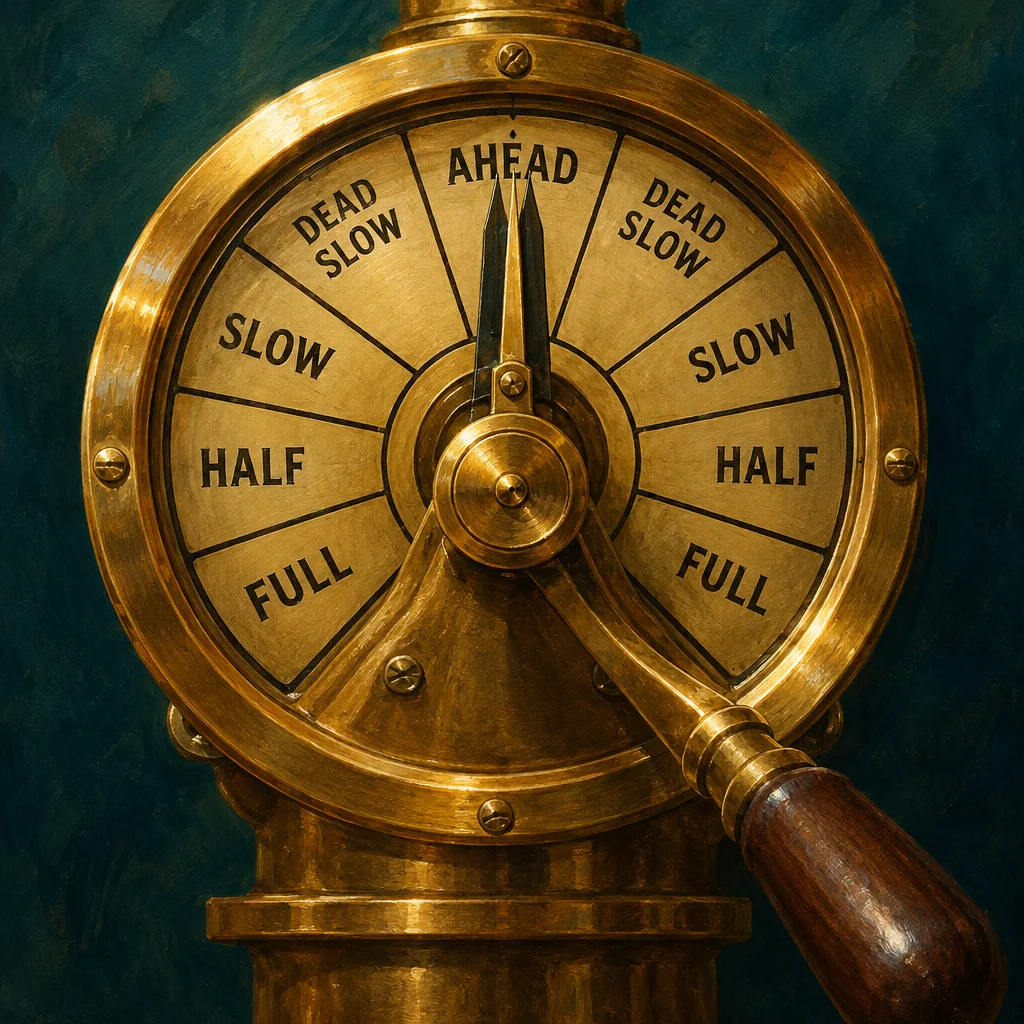 A polished brass ship engine order telegraph mounted on a cylindrical post displays a circular dial with mirrored port and starboard speed positions including Full, Half, Slow, Dead Slow, and Ahead, with a slender black needle pointing straight up to Ahead and a wooden-handled lever extending to the lower right, set against a dark teal painted background.
