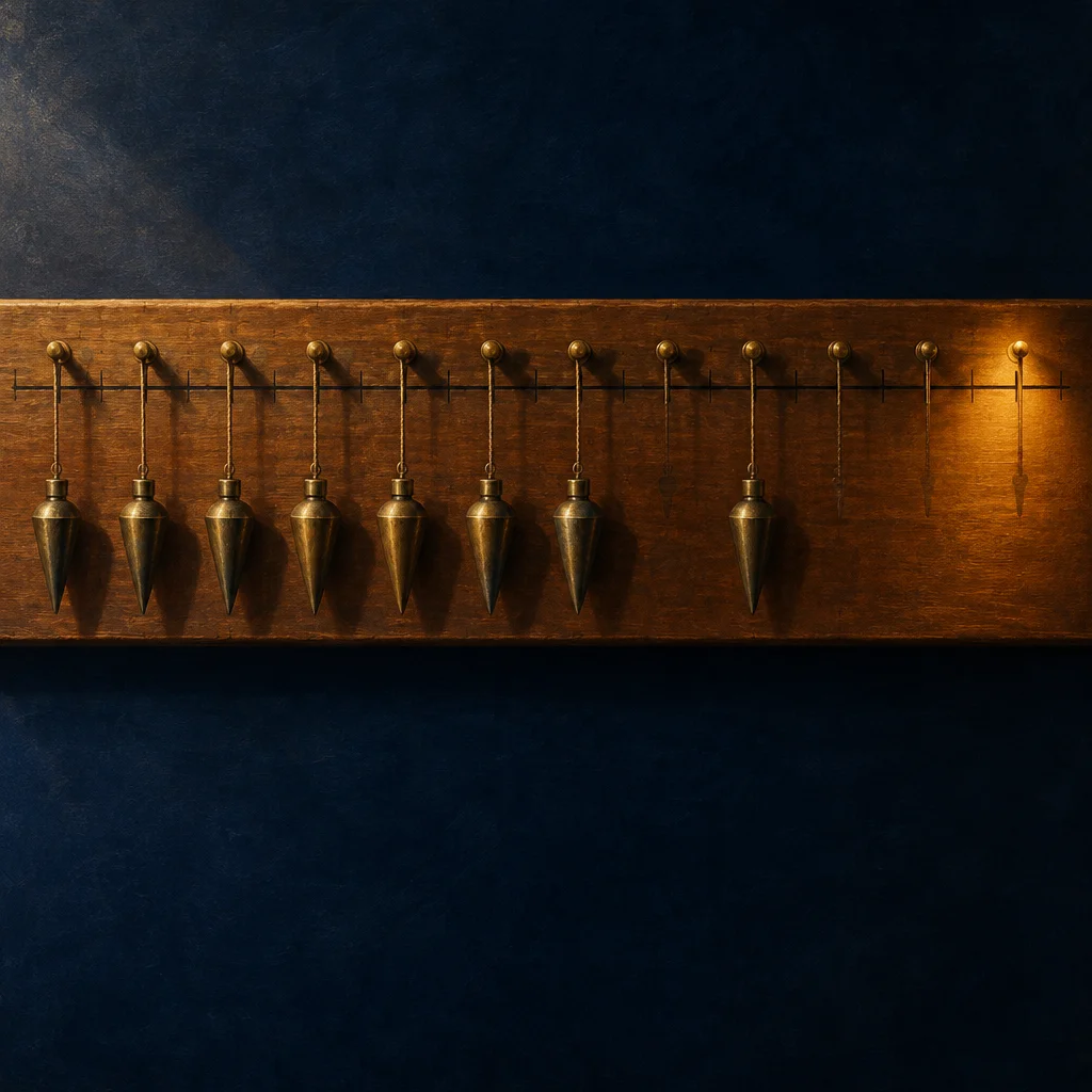 Nine brass plumb bobs of graduated size hang by twisted cords from evenly spaced round-headed pegs mounted along a horizontal wooden rail marked with small tick divisions, illuminated by warm directional light against a deep navy background.