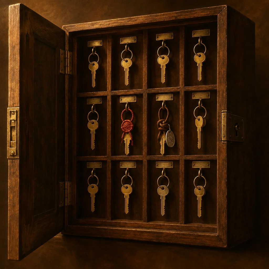 An open dark walnut wall-mounted key cabinet with twelve labeled compartments arranged in a three-by-four grid, holding brass keys on ring hooks in most slots, while the center-row second slot holds a key on a red wax-sealed cord ring and the adjacent slot holds a key with a metal decorative tag, distinguishing those entries from the uniform others.