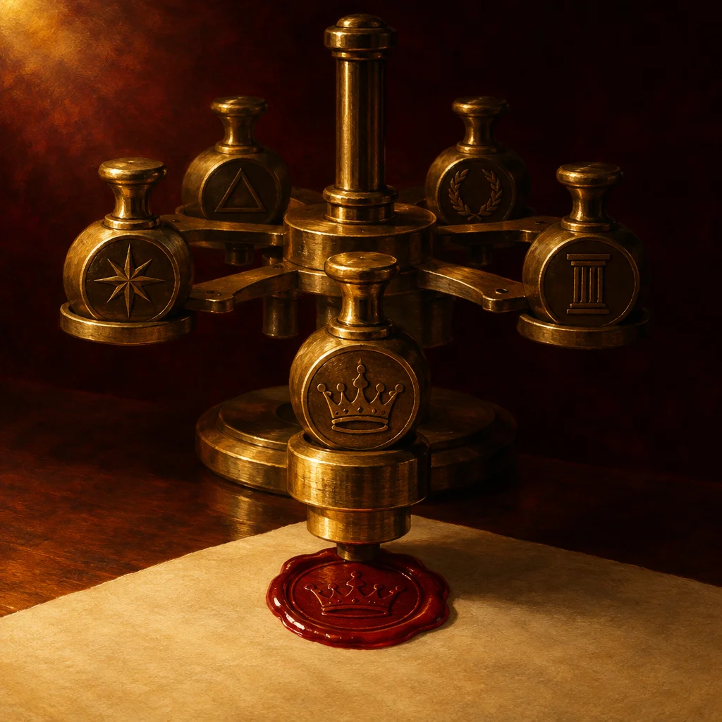 A brass rotary stamp carousel holding six engraved dies including a star, triangle, laurel wreath, column, and crown presses the crown stamp into a red wax seal on aged parchment paper, with additional stamp heads radiating outward on articulated arms in a dark warmly lit setting.