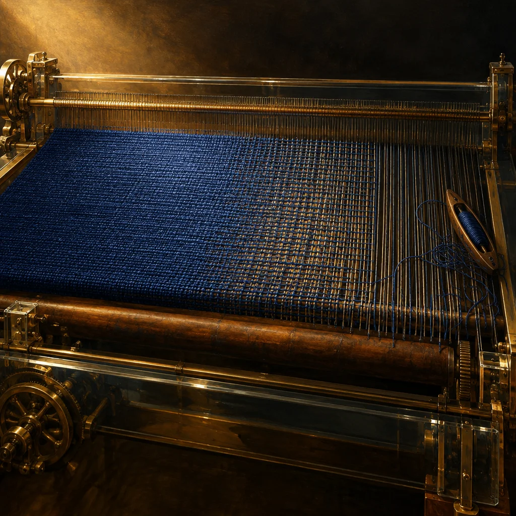 A large brass and glass mechanical loom holds taut vertical warp threads that transition from an open grid on the right into densely woven deep blue fabric on the left, with a blue thread bobbin resting on the right edge and warm golden light raking across the scene from the upper left.