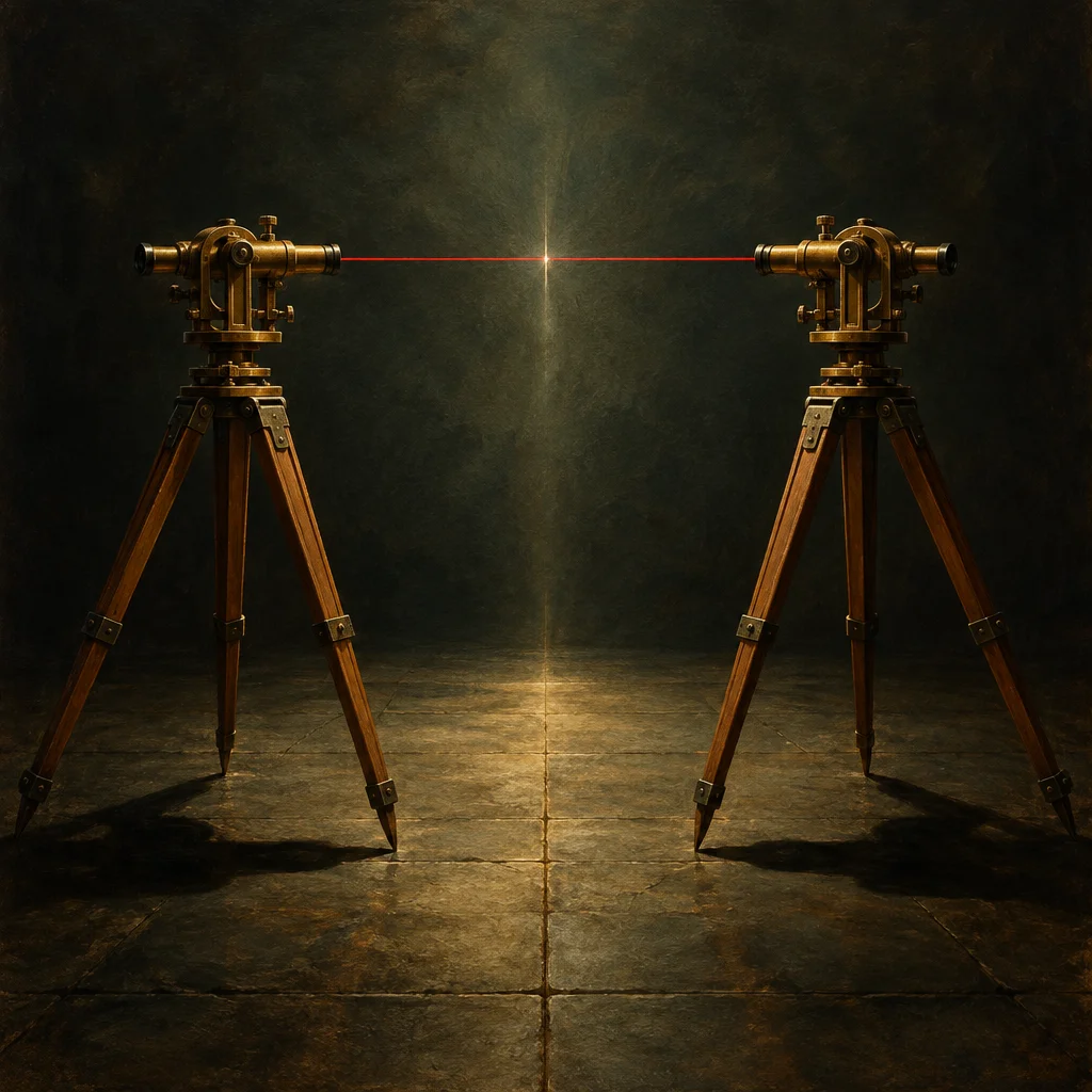 Two antique brass theodolites mounted on wooden tripods face each other across a dark stone-tiled floor, connected by a thin red laser beam that meets at a bright point of light in the center of the frame against a dim textured wall.