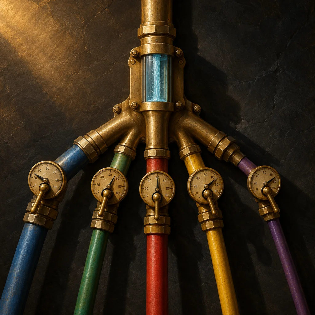 A central brass pipe manifold with a glass sight tube showing blue pressurized flow branches into five colored rubber hoses, blue, green, red, yellow, and purple, each fitted with a brass pressure gauge and shutoff valve, mounted against a dark stone wall.
