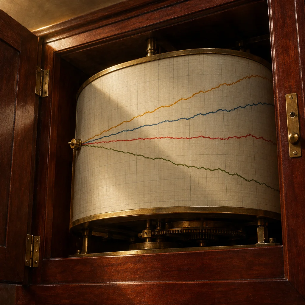 A rotating brass-rimmed cylindrical drum holding graph paper with four colored lines, orange, blue, red, and dark green, fanning out from the left into diverging paths across the grid, housed inside an open dark walnut cabinet with brass hinges and hardware.
