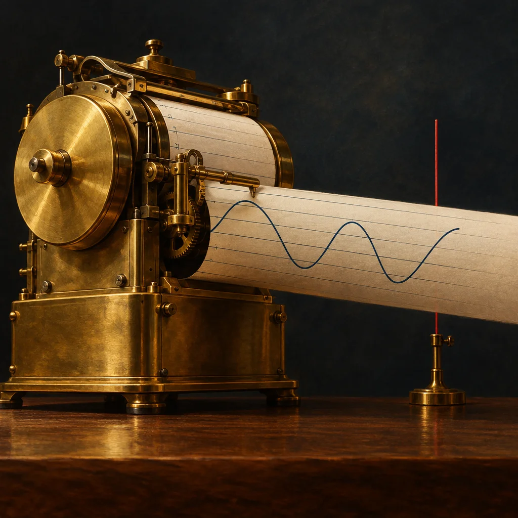 A brass mechanical drum recorder mounted on a heavy gilt base feeds a long paper scroll printed with ruled grid lines through a stylus carriage that has traced a smooth blue sine wave across the sheet, while a slender red vertical needle on a small brass stand stands at the far end of the paper on a dark walnut table against a deep gray background.