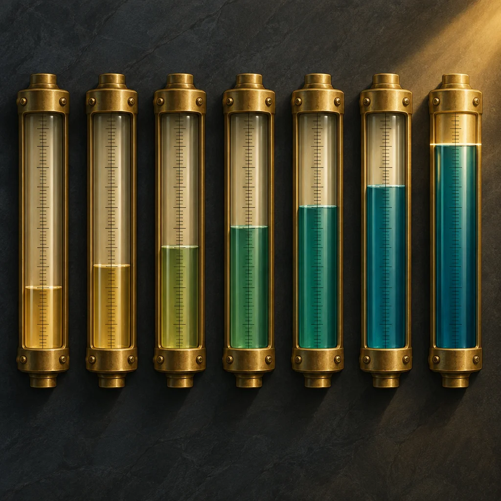 Six vertical brass-mounted glass gauge tubes are arranged side by side against a dark slate wall, each showing a progressively higher fill of liquid that shifts in color from amber yellow on the far left through yellow-green and green to deep teal blue on the far right, with graduated measurement markings visible on each tube and warm directional light entering from the upper right.