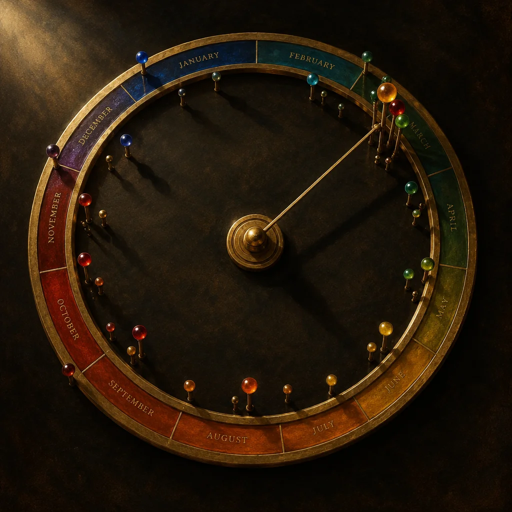 A brass-rimmed circular year-wheel mounted on a dark surface is divided into twelve colored arc segments labeled with month names from January through December, each segment holding one or more small glass-headed pins of varying colors, with two slender gold hands extending from a central brass pivot point toward the February and March segments.