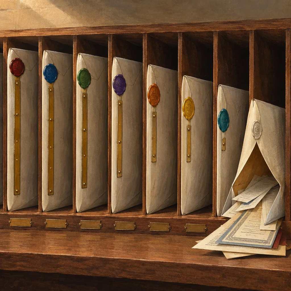 A wooden pigeonhole mail sorter holds seven large standing envelopes with brass spine strips and colored wax seals in red, blue, green, purple, orange, gold, and teal, while the rightmost envelope is torn open and a stack of loose aged documents spills onto the wooden counter below.