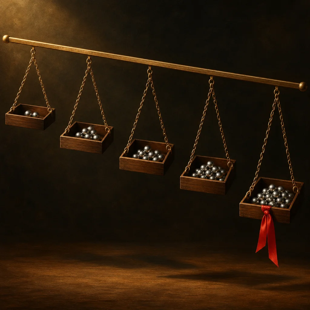 Five wooden square trays hang by brass chains from a single horizontal brass rod, each tray holding an increasing number of silver steel balls from left to right, with the rightmost and heaviest tray tied with a prominent red satin ribbon.