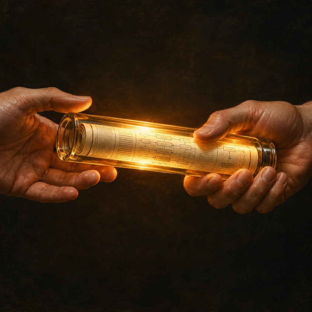 Two hands pass a transparent glass cylinder between them against a dark background, the cylinder glowing with warm amber light and enclosing a rolled document printed with bracket-style chart structures visible through the glass.