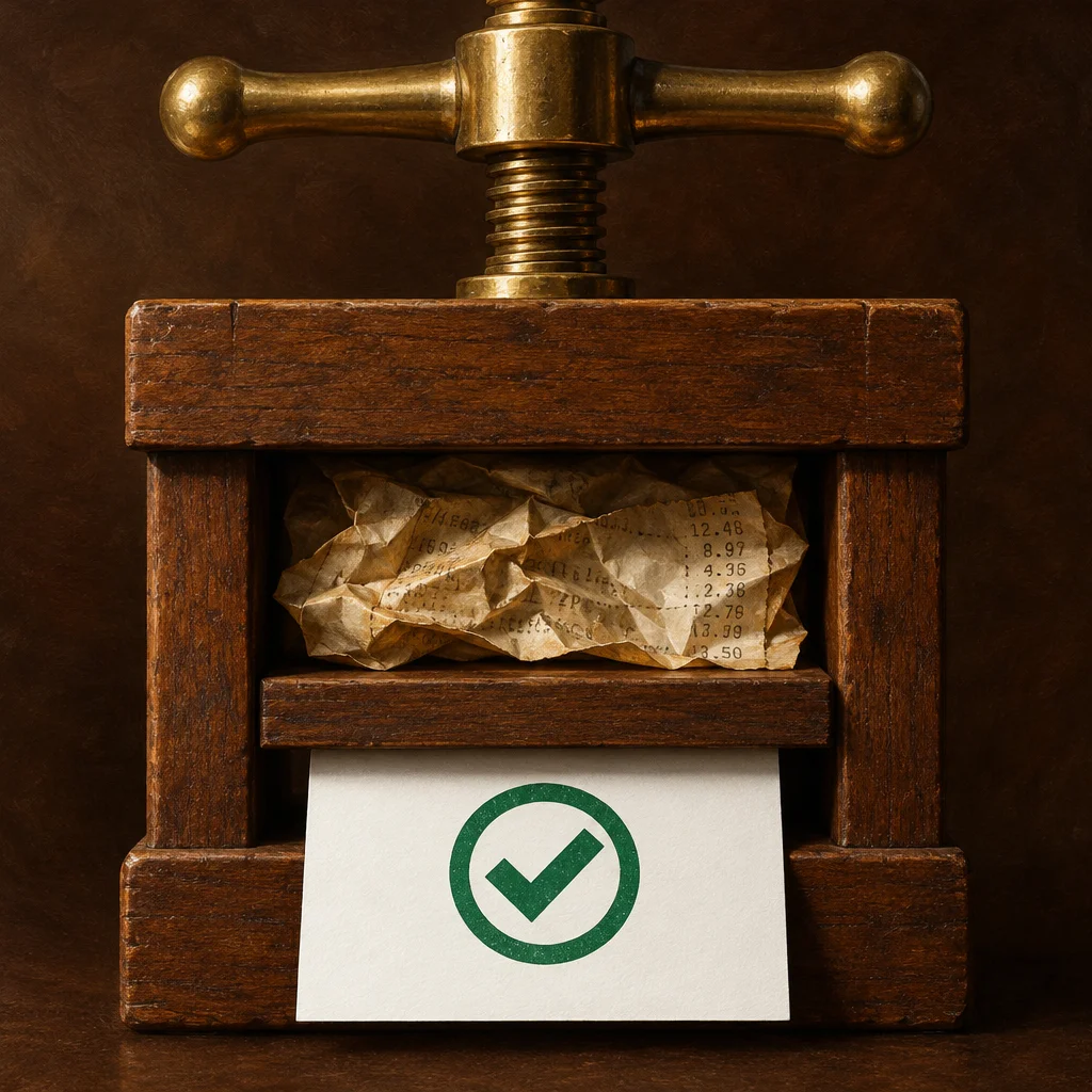 A dark walnut screw press with brass cross-handle compresses a crumpled aged receipt bearing printed dollar amounts, while a clean white card printed with a green circled checkmark protrudes from the bottom of the press.