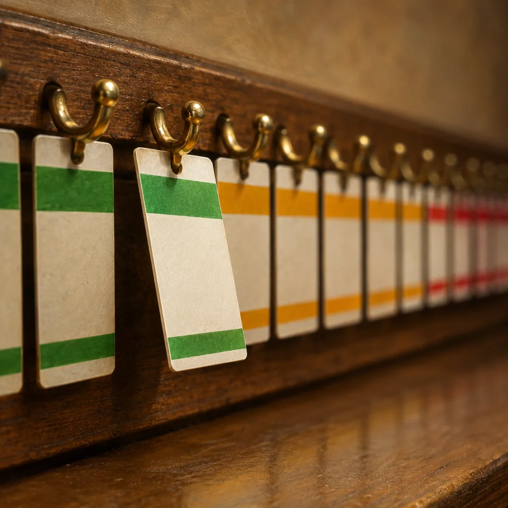 A dark walnut wall-mounted hook rail holds a long row of small rectangular tags hanging from brass cup hooks, with tags color-banded in green, yellow-orange, and red stripes receding into the background, shot from a low angle in warm light.