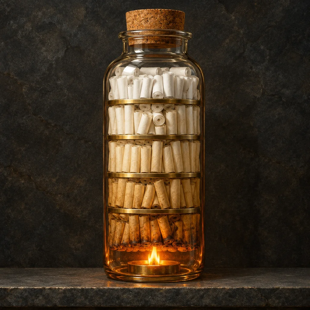 A tall clear glass jar sealed with a cork stopper holds four brass-ringed shelves of tightly rolled paper scrolls that graduate in color from bright white at the top through cream and tan to charred brown at the bottom, where a small brass tea light burns with an open flame.