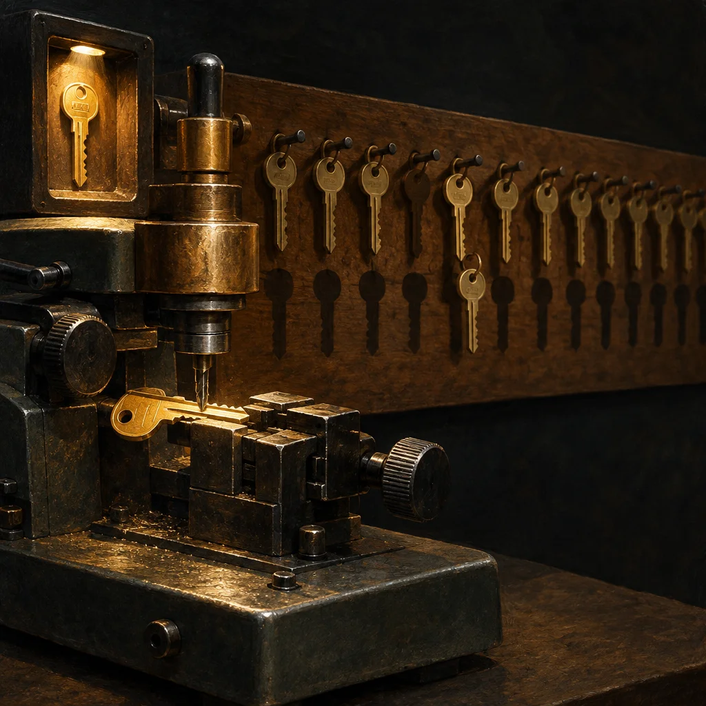 A dark industrial key-cutting machine clamps a brass key under a spinning cutter in bright warm light, with a single illuminated template key displayed in a lit slot at upper left, while a long wooden wall-mounted rack holding dozens of hanging brass keys recedes sharply into the dark background.