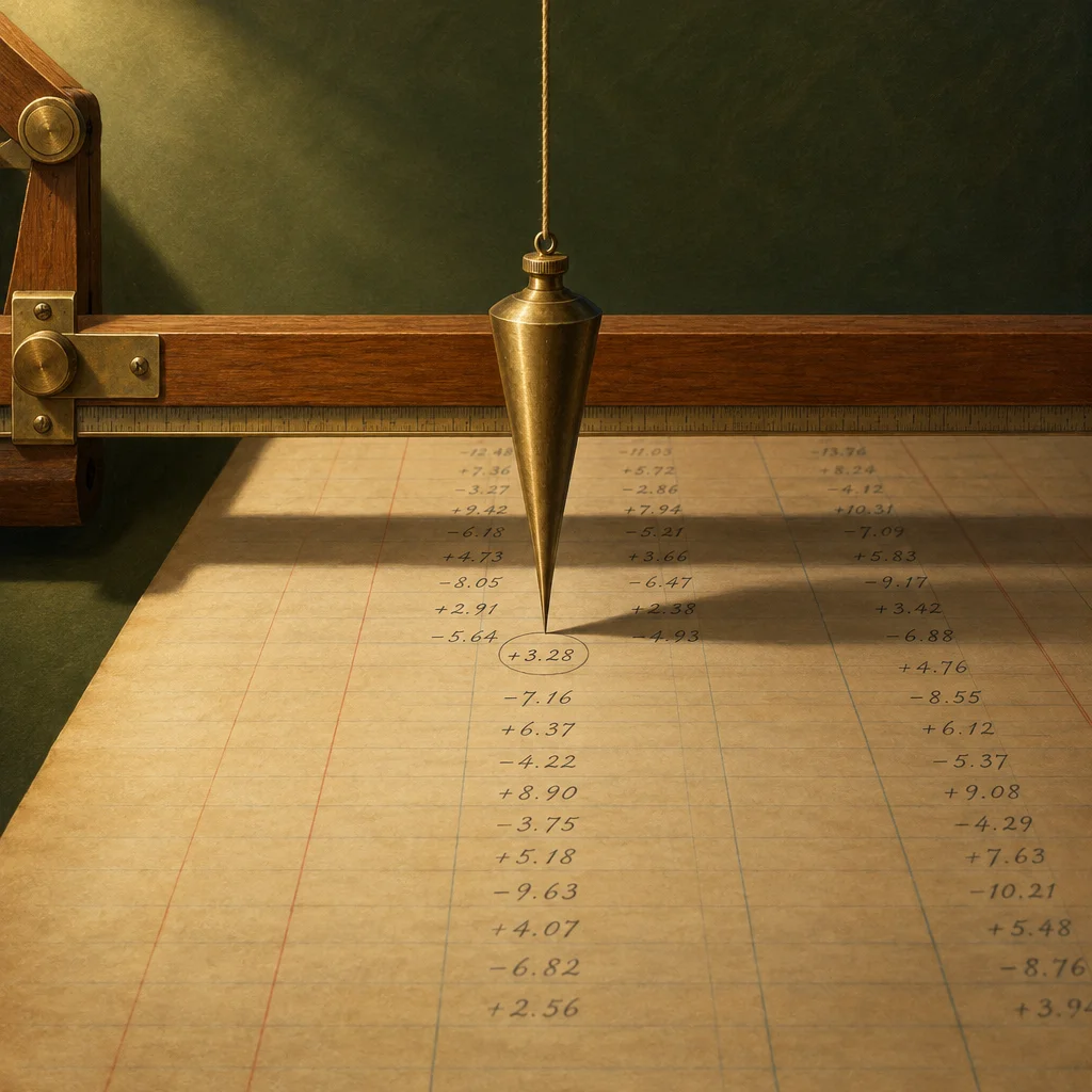 A brass plumb bob hangs by a rope from a wooden straightedge above a large aged ledger sheet filled with columns of positive and negative decimal numbers, its tip touching and circling the value plus 3.28 amid the surrounding figures.