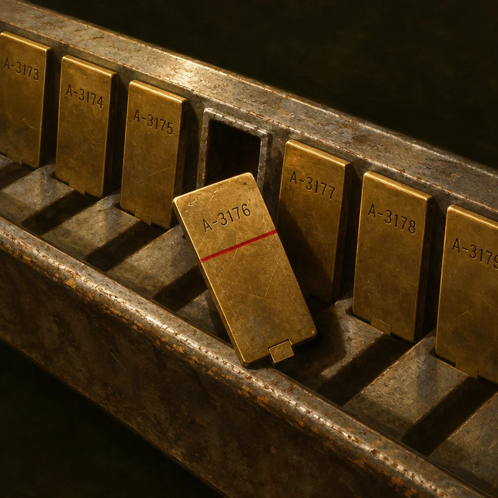 A worn metal rack holds a sequential row of rectangular brass tags numbered A-3173 through A-3179, with tag A-3176 bearing a horizontal red stripe leaning forward and displaced from the upright row, shot in warm directional light against a dark background.