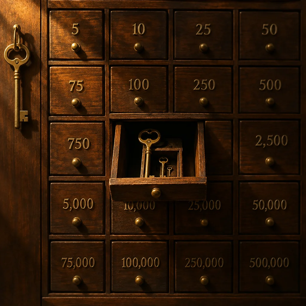 A dark walnut apothecary cabinet holds a grid of drawers labeled with escalating numbers from 5 to 500,000, with one drawer in the middle row pulled open to reveal three brass skeleton keys of diminishing size standing upright inside, while a single large brass skeleton key hangs on a hook on the wall to the left.