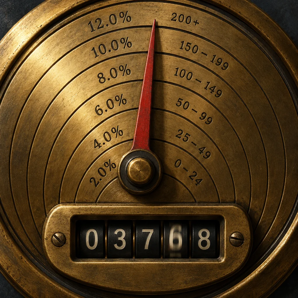 A heavy brass circular gauge with concentric arc rings shows percentage markings from 2.0 to 12.0 percent on the left and numerical ranges from 0-24 to 200 plus on the right, with a red needle pointing upward near 11 percent and 150-199, above a mechanical roller counter displaying 03768 in white digits on black drums.