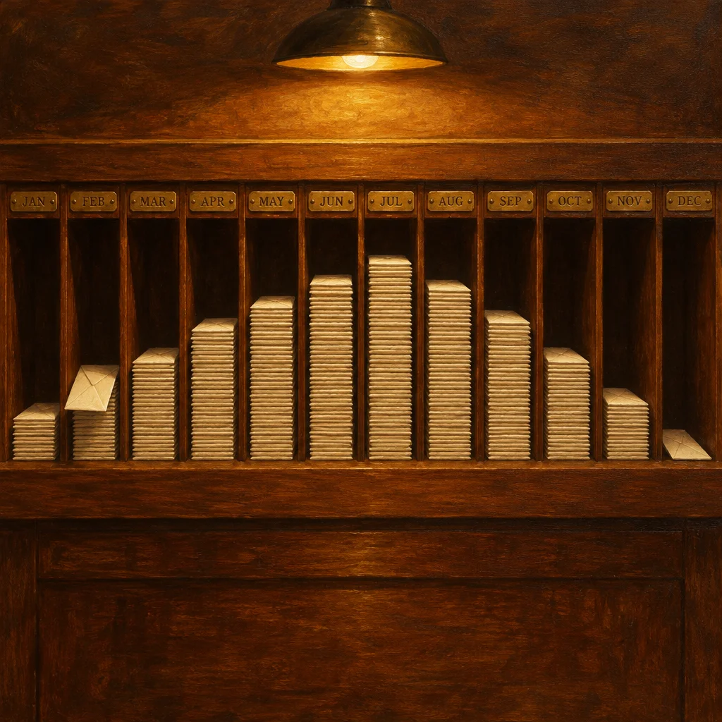A warm-lit dark walnut mail sorter with twelve brass-tagged slots labeled JAN through DEC holds stacked cream envelopes of varying heights across the months, with taller stacks in the middle months and sparser stacks at January and December, illuminated by a single pendant lamp above.