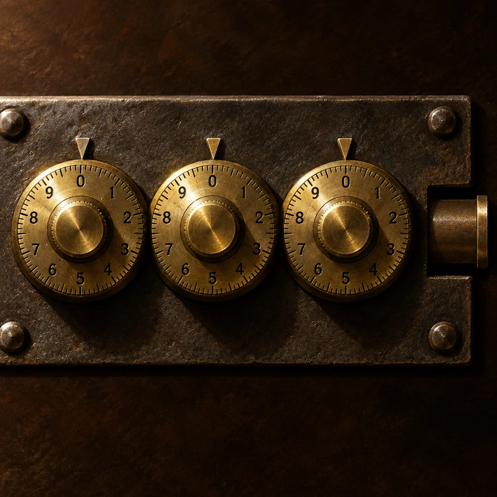 Three brass combination lock dials numbered 0 through 9 are mounted side by side on a riveted dark iron plate, each with a triangular pointer at the top and a cylindrical bolt handle at the right edge, shot in warm directional light against a dark textured metal surface.