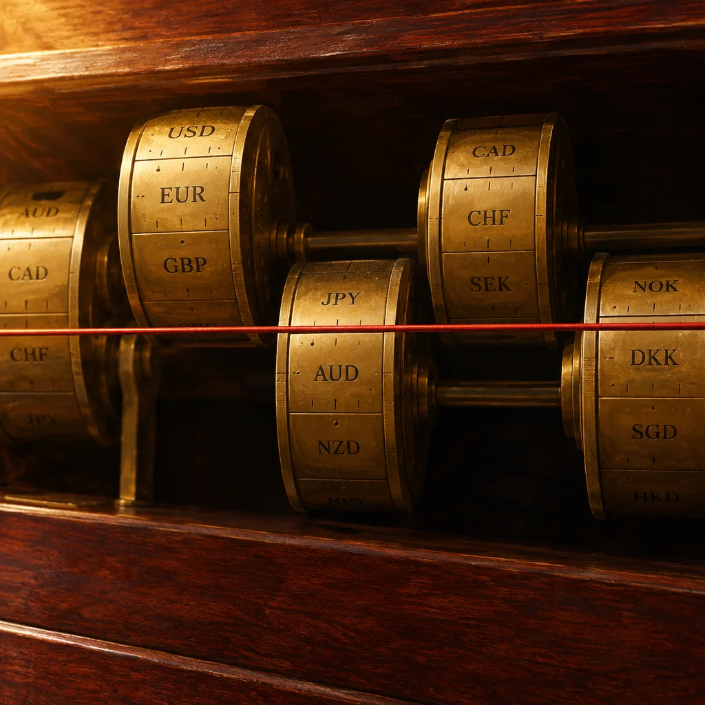 Several rows of brass rotating cylinders engraved with international currency codes including USD, EUR, GBP, JPY, AUD, NZD, CAD, CHF, SEK, NOK, DKK, and SGD are mounted on metal axles inside a dark walnut housing, with a horizontal red thread running across all cylinders at a consistent height.