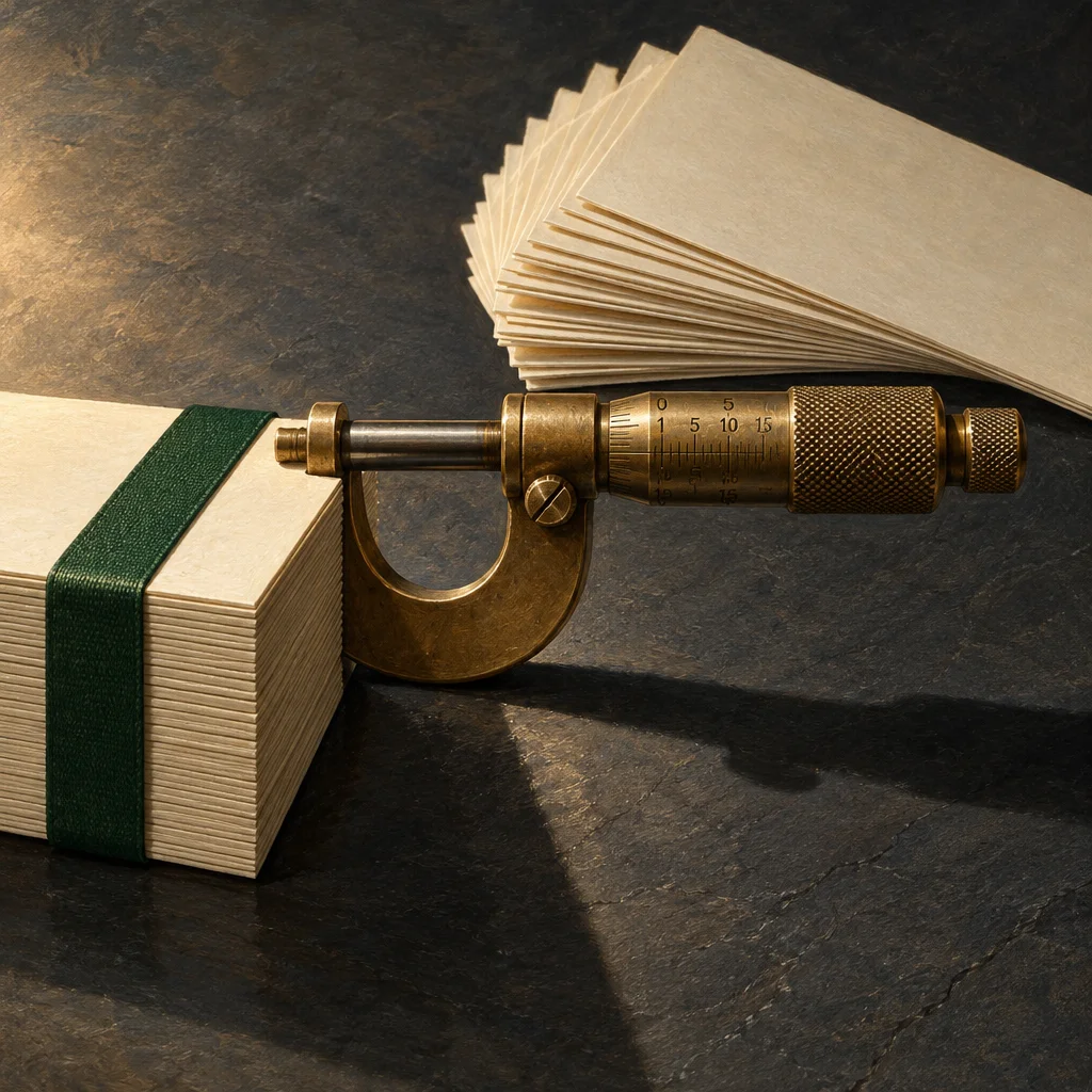 A brass micrometer rests against a neat stack of cream sheets bound with a green ribbon, with its spindle touching one sheet while a large fan of identical loose sheets spreads across a dark slate surface behind it.